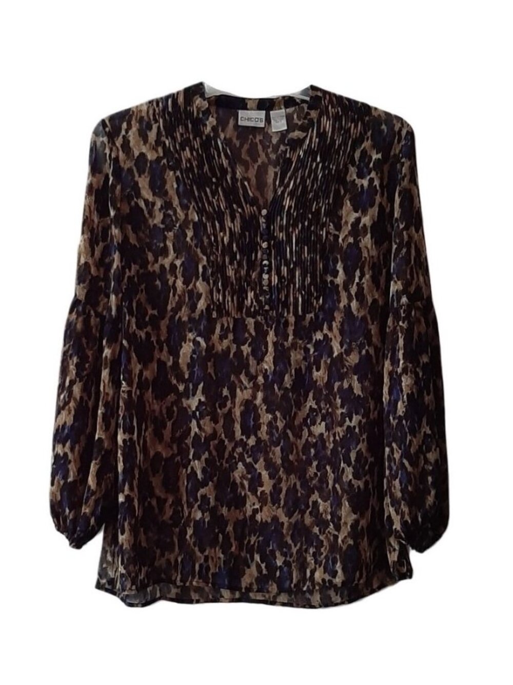 Women Chico's Brown & Blue Leopard Print Blouse- Size 2